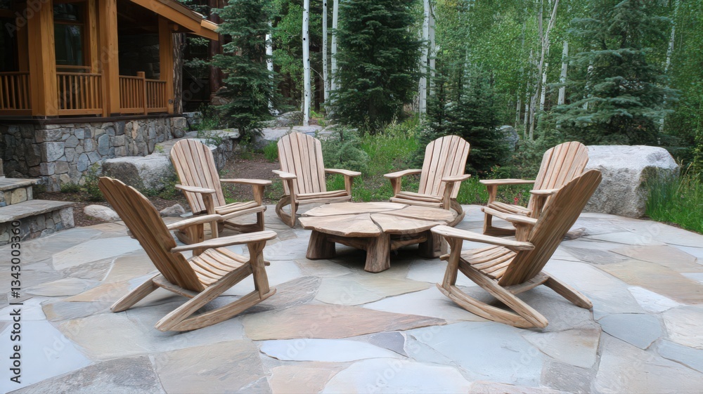 Rustic Wooden Rocking Chairs Surround Fire Pit on Stone Patio Rustic Wooden Rocking Chairs Surround Fire Pit on Stone Patio