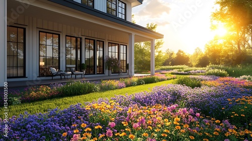 A modern farmhouse-style estate with a wraparound porch, black window frames, and a sprawling garden filled with wildflowers, under a bright midday sun.