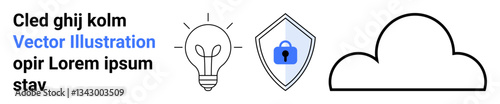 Lightbulb for ideas, shield with padlock for data security, and cloud for storage. Ideal for innovation, cybersecurity, technology, cloud computing, creativity, data management flat landing page