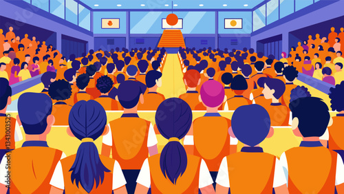 The gymnasium filled with students wearing their school colors eagerly participating in a pep rally to kick off Spirit Day.. Vector illustration