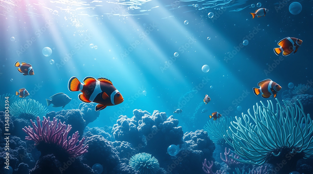 Obraz premium Ethereal underwater scene wallpaper in infographic style. Clownfish, angelfish, butterflyfish swim among corals and seaweed. Two-dimensional shapes, intense dramatic lighting, high contrast.