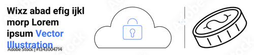 Cloud with a secure lock and a coin symbolizing digital currency and security. Ideal for fintech, data protection, cybersecurity, blockchain, cloud computing, e-commerce, simple landing page