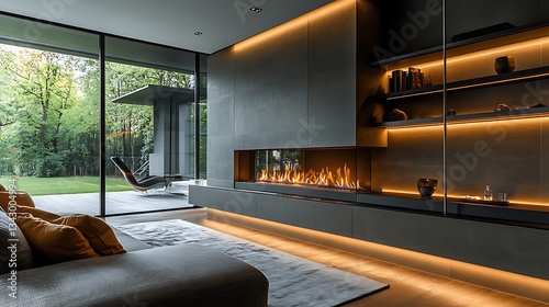 A modern fireplace wall with asymmetrical shelving, hidden LED strips, and a suspended hearth creating visual interest