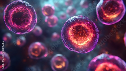 Microscopic view of vibrant glowing cells floating in a dark background depicting cellular research and scientific discovery.