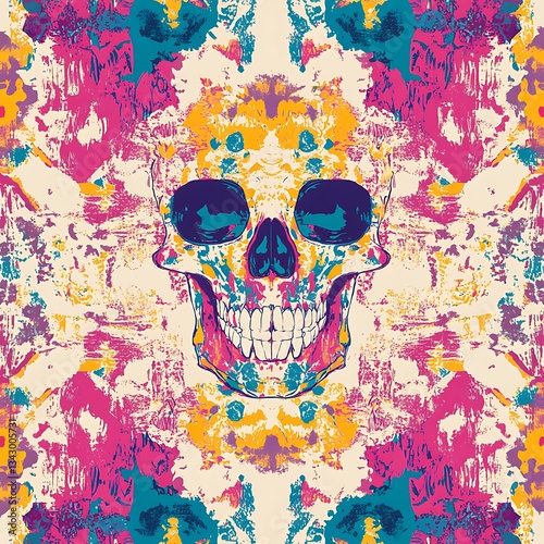 Floral Skull Pattern for Grunge Texture, Colorful Design.