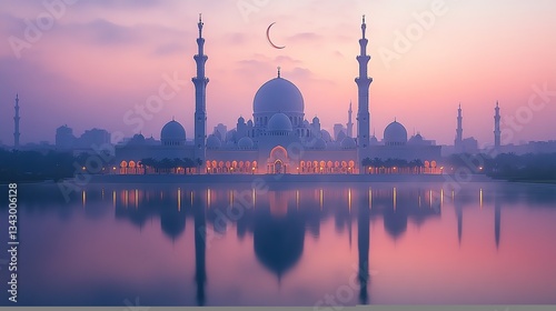 Sheikh Zayed Mosque at Dusk with Reflection on Calm Water