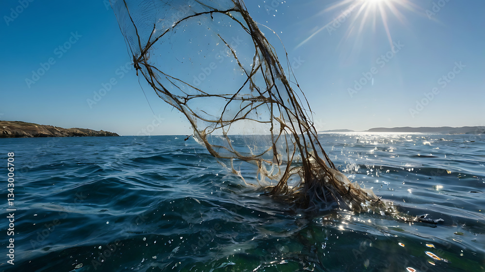 Fototapeta premium Fishing Net Floating in Ocean Water Under Bright Sunlight on Sunny Day