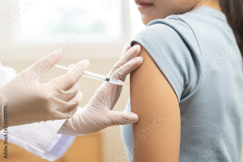 Health care, corona virus, hand of woman nurse, doctor giving syringe vaccine, injection dose on arm sick patient at clinic. Vaccination, immunization disease prevention against flu pandemic influenza