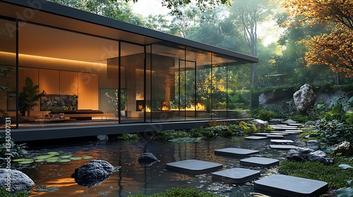 A modern glass-box house with an open-concept interior, surrounded by a zen garden with stepping stones and a tranquil water feature.