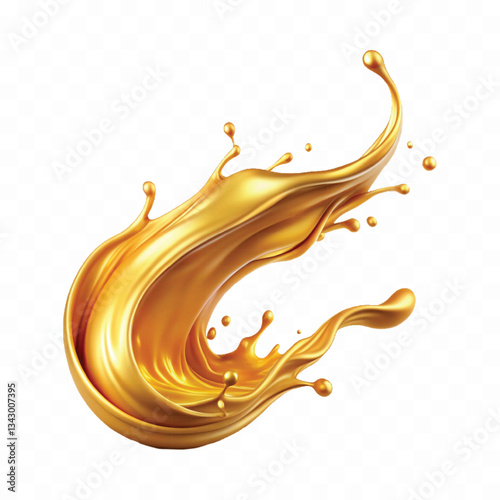 Abstract 3d  liquid gold or caramel splash in curve style with many drops isolated on white background	
