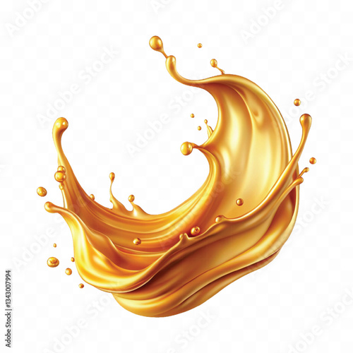 Abstract 3d  liquid gold or caramel splash in curve style with many drops isolated on white background	
