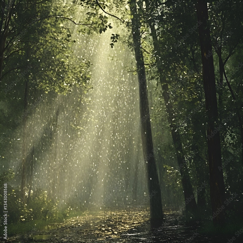 Obraz premium A forest with a light rain falling