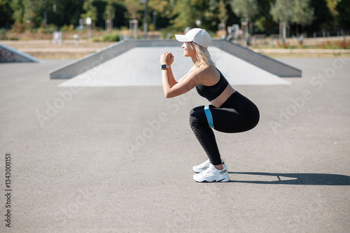Young caucasian woman doing squats using rubber resistance band photo