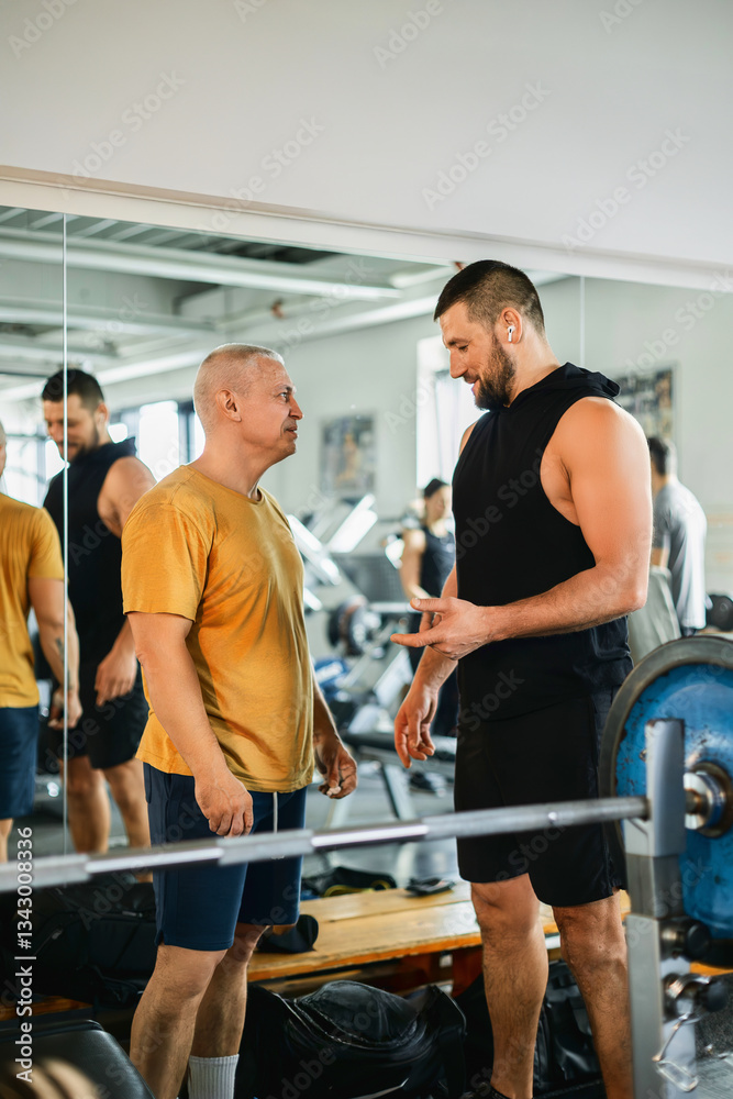 Obraz premium Two Men Chatting Happily in a Gym After Workout