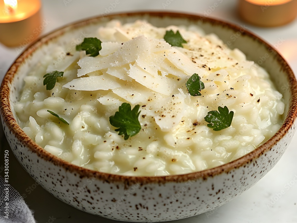 Creamy risotto with parmesan cheese and fresh parsley in a rustic bowl garnished with pepper, perfect for a cozy dinner. Creamy risotto with parmesan cheese and fresh parsley in a rustic bowl garnished with pepper, perfect for a cozy dinner.