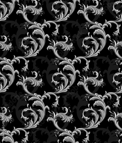 Vector baroque seamless pattern. Ornament with silver filigree floral flourish on black background. Metal rich vintage texture