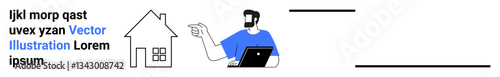 Man seated with a laptop pointing towards a house sketch, blending technology and real estate. Ideal for remote work, housing, real estate, technology, home office, modern lifestyle, flat landing