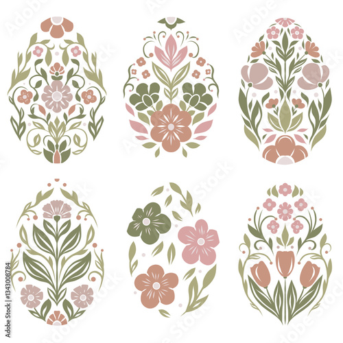 Vector gentle festive set of Easter egg clip arts in folk art style. Collection of tracery decorative holiday eggs silhouettes in pastel colors.