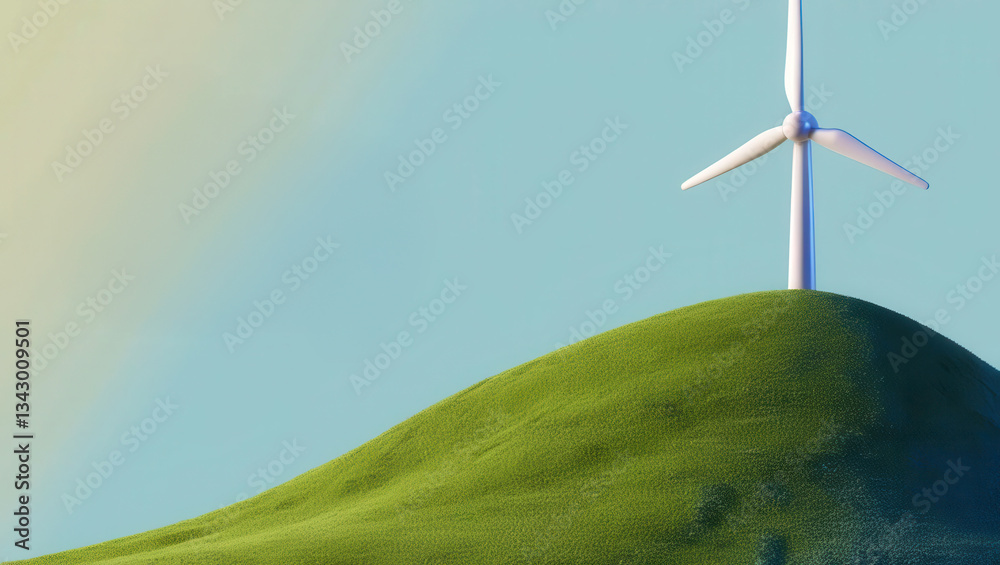Fototapeta premium Environmental, Social, and Governance concept. Wind turbine atop a green hill against a clear blue sky.