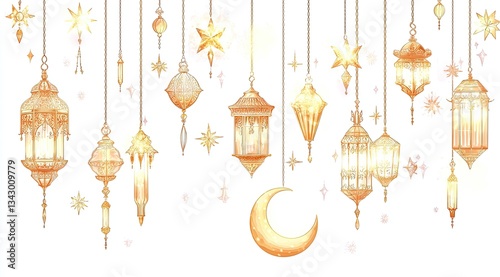 Ornate hanging lanterns, stars, and crescent moon.  Delicate golden illumination