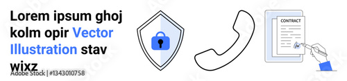 Shield with lock, phone symbol, and hand signing a document. Ideal for security, communication, contracts, technology, privacy corporate compliance. Flat landing page banner