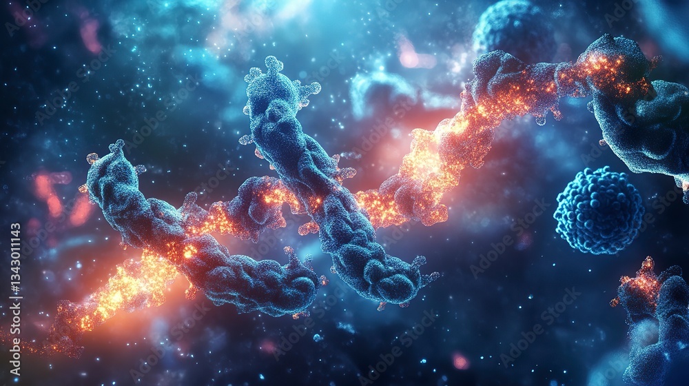 Fototapeta premium Conceptual portrayal of antibodies targeting and neutralizing a virus in a glowing style