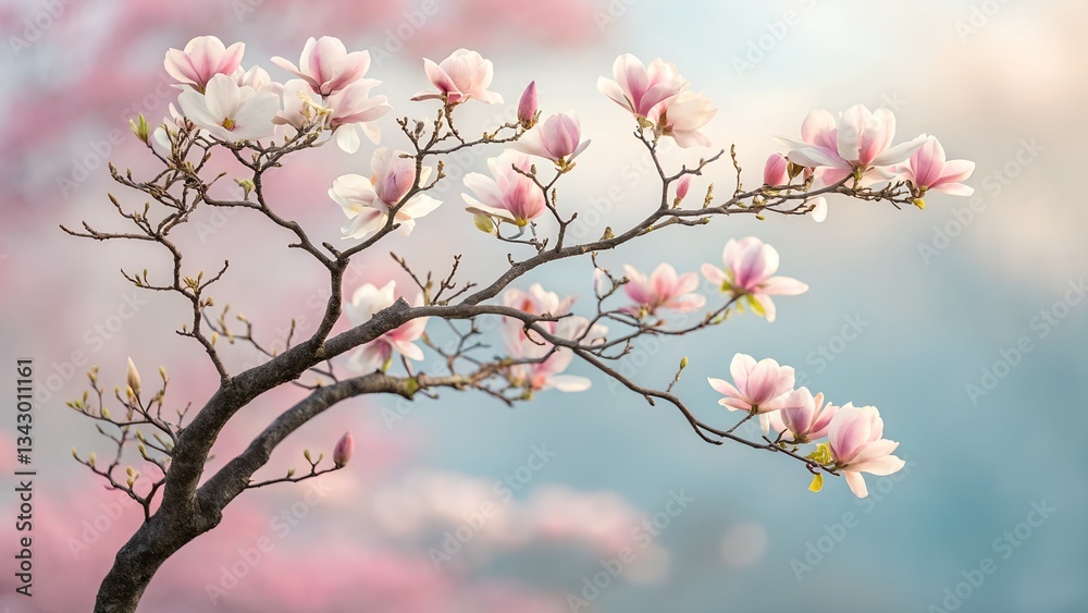 Magnolia Blossom Dreamscape: Delicate magnolia blossoms in full bloom adorn a gracefully curving branch, set against a soft, dreamy backdrop of pastel hues. Magnolia Blossom Dreamscape: Delicate magnolia blossoms in full bloom adorn a gracefully curving branch, set against a soft, dreamy backdrop of pastel hues.