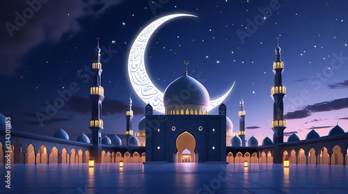 A majestic crescent moon hanging gracefully in the evening sky, casting a soft glow over a beautifully detailed mosque with domes and minarets. 