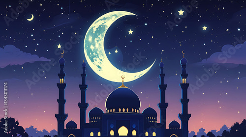 A majestic crescent moon hanging gracefully in the evening sky, casting a soft glow over a beautifully detailed mosque with domes and minarets. 