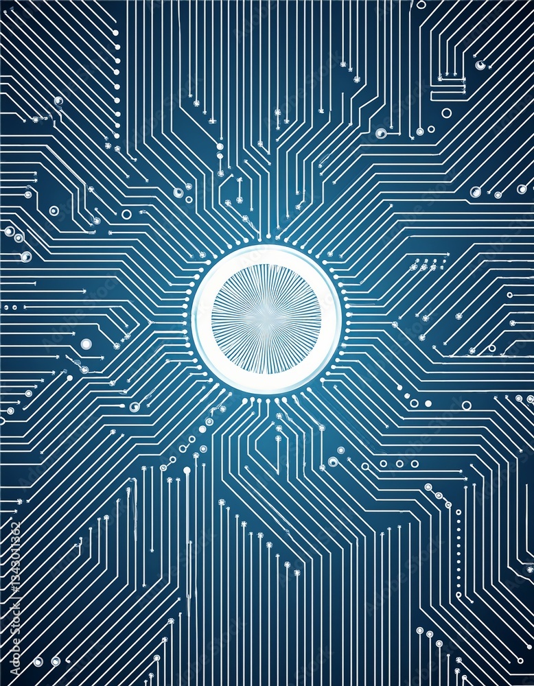 Obraz premium Futuristic technology background with white circle circuit wires on motherboard