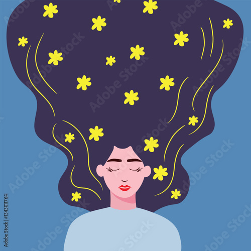 Dreamy Woman with Flowing Dark Hair and Floral Accents