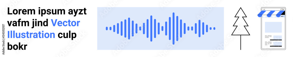Abstract blue audio waveform, geometric tree graphic, and app interface mockup. Ideal for technology, nature, design, media, apps, communication creativity and simple landing page Abstract blue audio waveform, geometric tree graphic, and app interface mockup. Ideal for technology, nature, design, media, apps, communication creativity and simple landing page