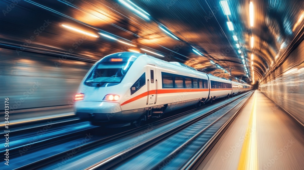A modern high-speed train emerging from a tunnel, with mist and dynamic lighting effects highlighting its motion.