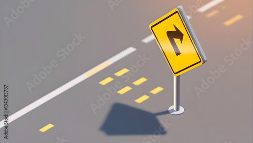 Isometric 3D Yellow Construction Road Sign with Geometric Shadows and Perspective photo