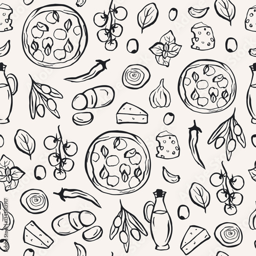 Hand drawn doodle pizza ingredients background