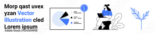 Woman working on laptop seated in a modern chair, financial data displayed on pie chart with dollar icon, and minimalistic plant art. Ideal for finance, productivity, tech, analysis, education