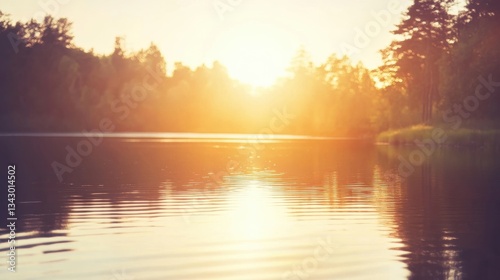 Serene Sunset Over Calm Lake with Reflections of Nature