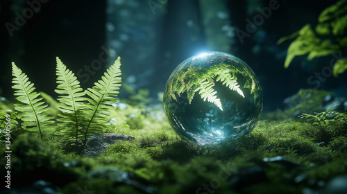 Crystal ball with fern reflection resting on vibrant moss in a lush green forest.
