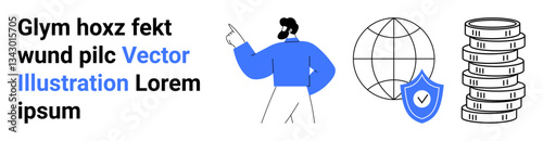 Man pointing out concepts of global communication, financial security, and economic growth. Ideal for finance, investment, security, technology, global trade, analytics simple landing page