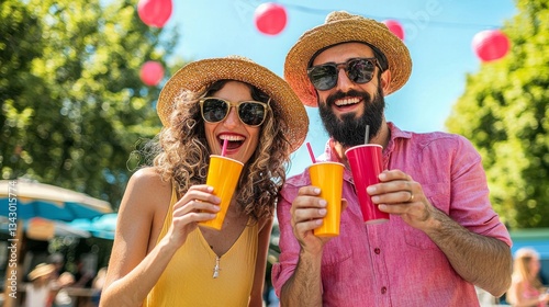 A cheerful couple enjoys colorful drinks at a sunny outdoor event, wearing straw hats and sunglasses, surrounded by festive decorations.