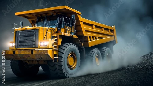 Massive yellow dump truck navigating a dusty quarry road under overcast skies
