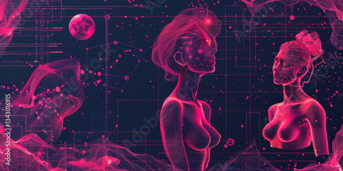 Futuristic Pink Wireframe Faces with Planetary Grid
