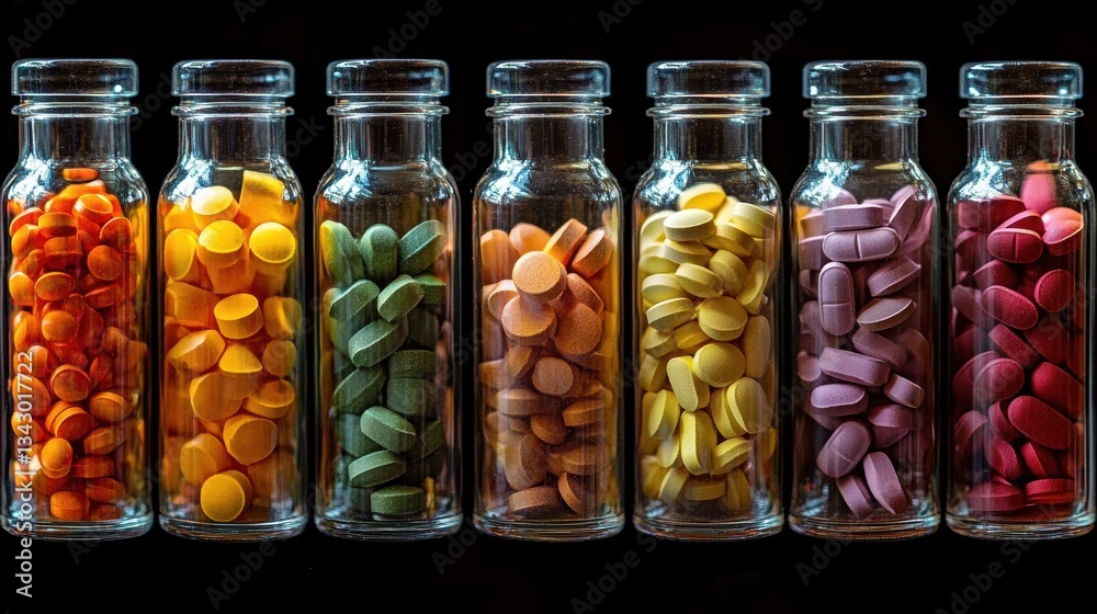 A vibrant array of colorful vitamin pills and capsules, arranged in a clear glass bottle, ready to be consumed to nourish the body. A vibrant array of colorful vitamin pills and capsules, arranged in a clear glass bottle, ready to be consumed to nourish the body.