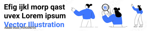 Individuals in casual attire pointing, analyzing ideas, and interacting with content. Ideal for teamwork, communication, collaboration, brainstorming, creativity, education simple landing page