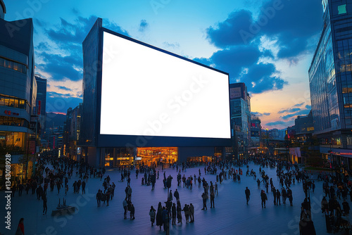 Crowd of people walking in a busy city square with a large blank billboard at dusk with city buildings and cloudy sky.