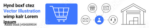 Shopping cart connected to user profile, email, customer support, store, and shipping warehouse. Ideal for online shopping, retail solutions, delivery services, logistics customer interaction