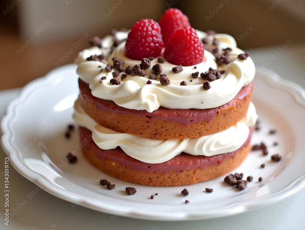 Delicious raspberry cake with whipped cream and chocolate shavings perfect for celebrations or gatherings Delicious raspberry cake with whipped cream and chocolate shavings perfect for celebrations or gatherings