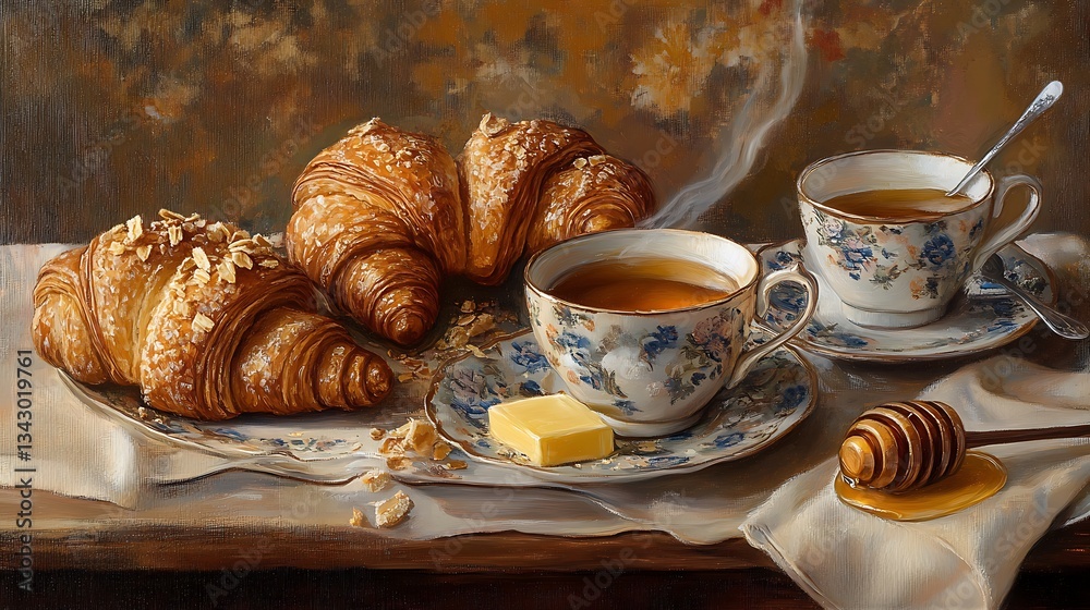 Coffee and croissants with honey and butter Coffee and croissants with honey and butter