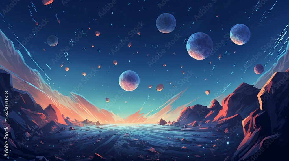 Naklejka premium A vector illustration of a sci-fi inspired deep space environment with orbiting satellites, drifting asteroids, and celestial bodies