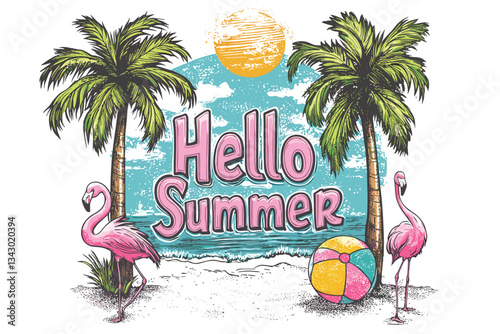 A colorful illustration of the words quick Hello Summer surrounded by palm trees a flamingo a beach ball and a life preserver on a beach with water. 